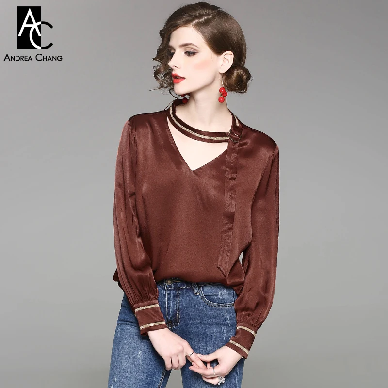 Весна-осень женщина блузка рубашка бисером воротник ленты манжеты темно-синие
