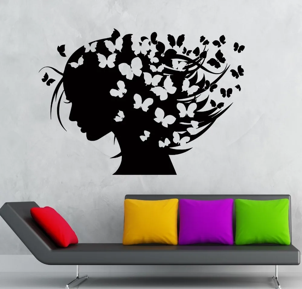 

Hot Room Decoration Wall Sticker Beauty Girl Butterfly Hair Vinyl Mural Decals Fashion Removable Wall Decal KW-191
