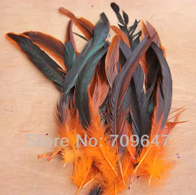 

Orange Feather! 50PCS/LOT 12-14" Half Bronze Half Black Irridescent Rooster Tail Coque Feathers Dyed Orange Colour,plumas
