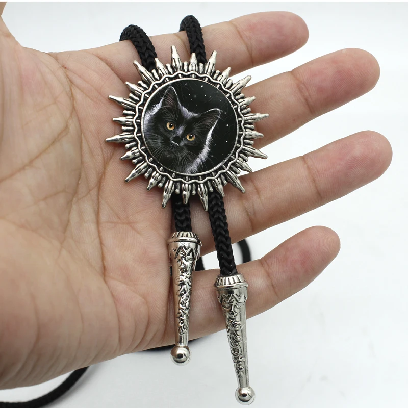 BOLO-0047 New Arrival Night Sky Under Black Cat Vintage Bolo Tie Steampunk Glass Dome Cats a Full Moon Ties | Украшения и