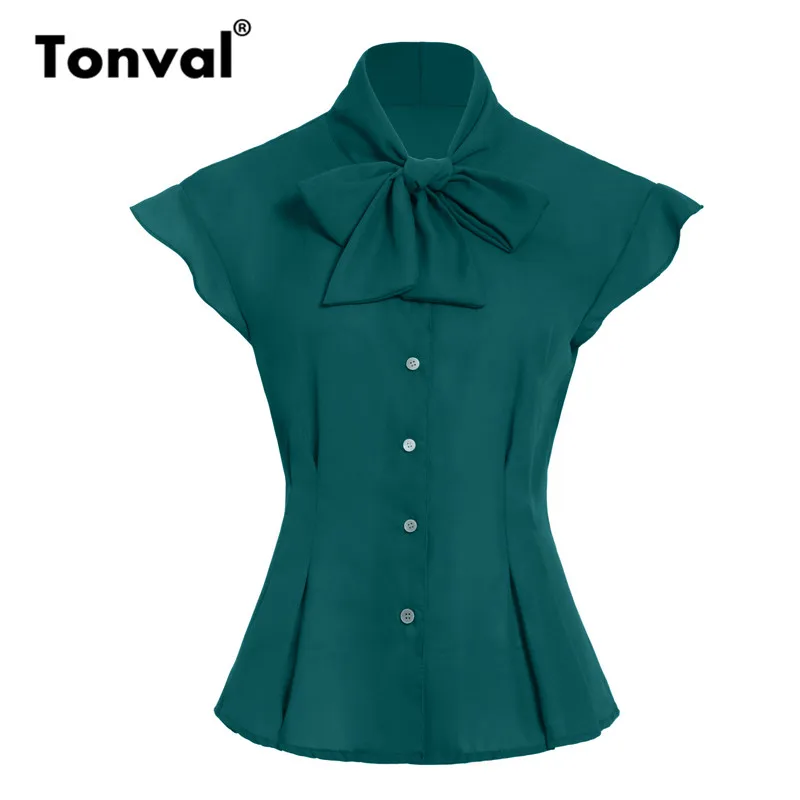 

Tonval Bow Tie Neck Tunic Chiffon Vintage Blouse Women Tops 2019 Cap Sleeve Office Blouses Green Summer Shirt Top