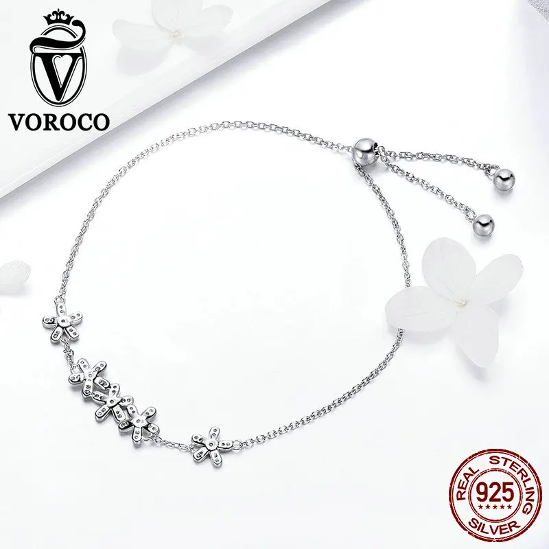 VOROCO Аутентичные 100% 925 пробы Серебряный Маргаритка Цветочные блестящие браслеты 3A