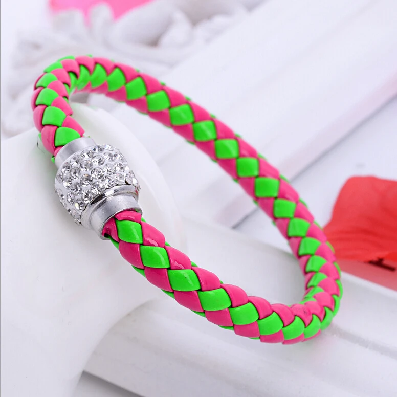 Fashion PU Leather Mix Color Weave Crystal Magnet Bracelets For Women 13 Colors To Choose Best Gift Pulseras 354 | Украшения и