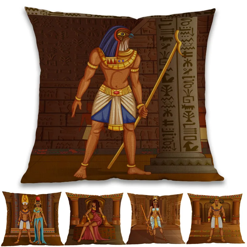 

Ancient Egypt Gods Pharaoh Khnum Horus Sobek Egyptian Palaces Hieroglyphic Throw Pillow Case Home Sofa Decorative Cushion Cover