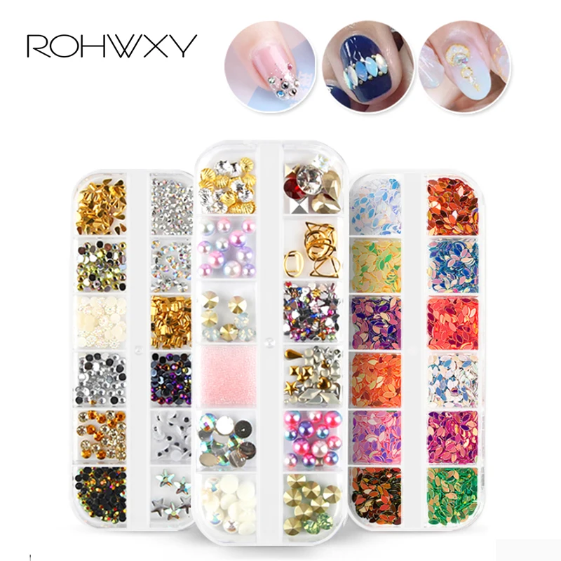 ROHWXY 12 сеток смешанные стразы с плоской спинкой Стразы для ногтей камень бисер