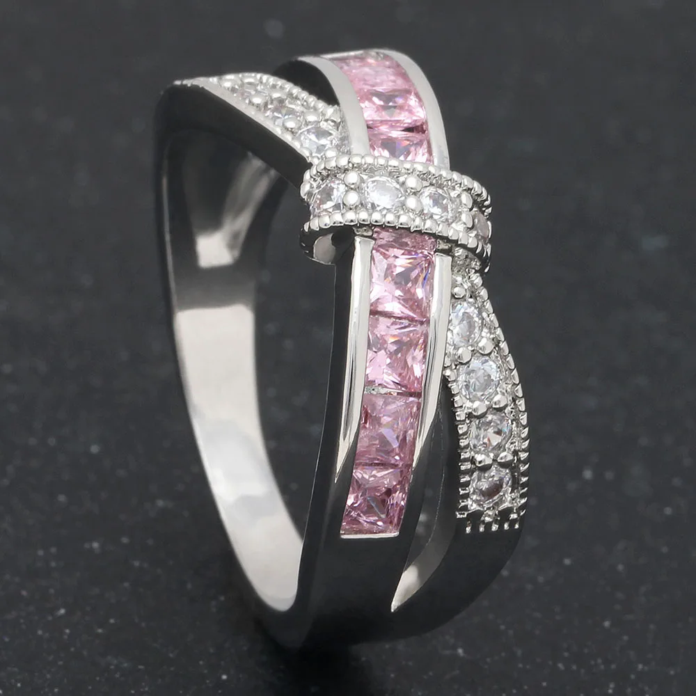 Engagement Ring for Girlfriend Gift Cross Pink Red Birthstone Zircon Princess Women Wedding Purple Blue Silver Color Jewelry | Украшения и