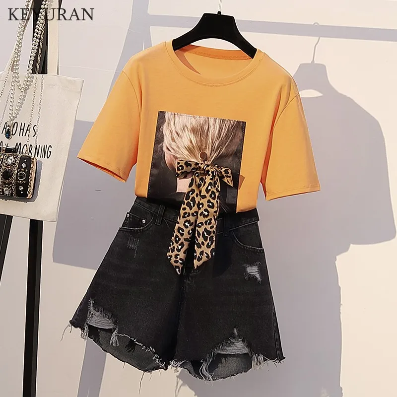 Лето 2019 г. Леопардовый лук нашивка на галстук футболки и джинсовые шорты комплект