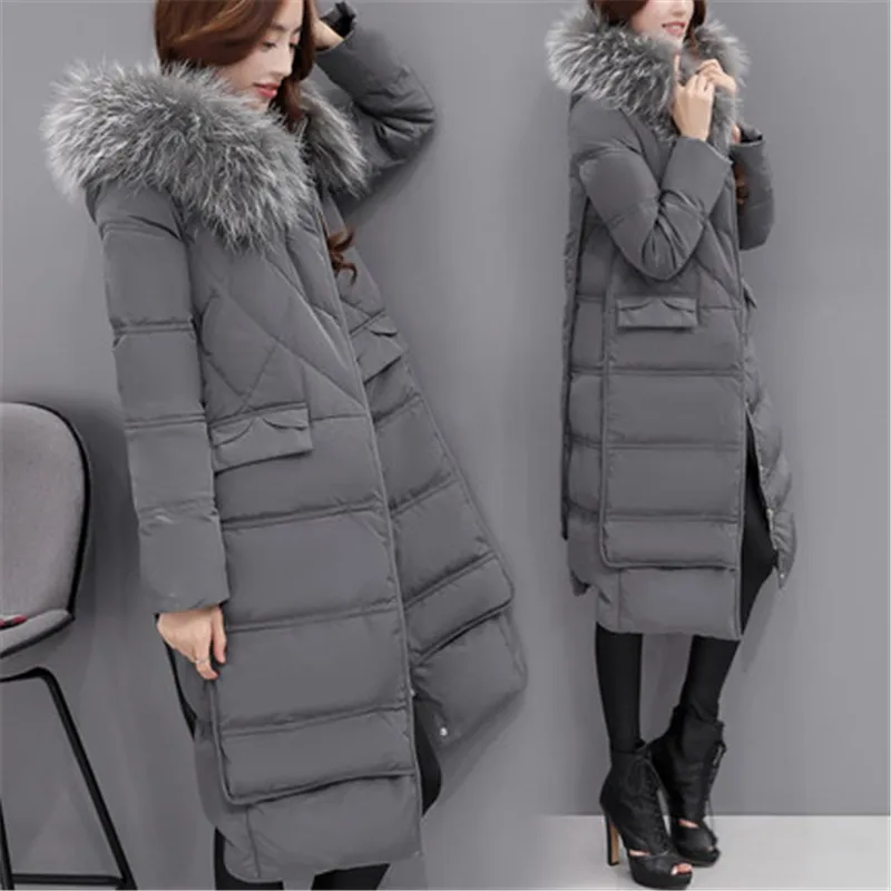 AYUNSUE Women Down Coat Large Fur Collar Parkas Winter Jacket 80% White Duck Coats Hooded Knee Long Snow ST279 | Женская одежда