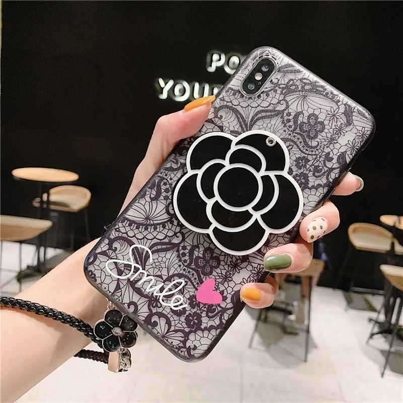 C Роскошный зеркальный чехол для телефона samsung A90, A80, A60, A70, Etui, кружевная жесткая задняя крышка с цветами для samsung A50, A40, A30, A20, A10, с ремешком - Цвет: C