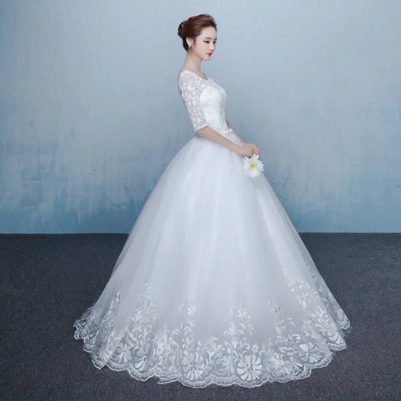 CX блеск Половина рукава пояса кружевные цветы свадебные Dress ES невесты бальное