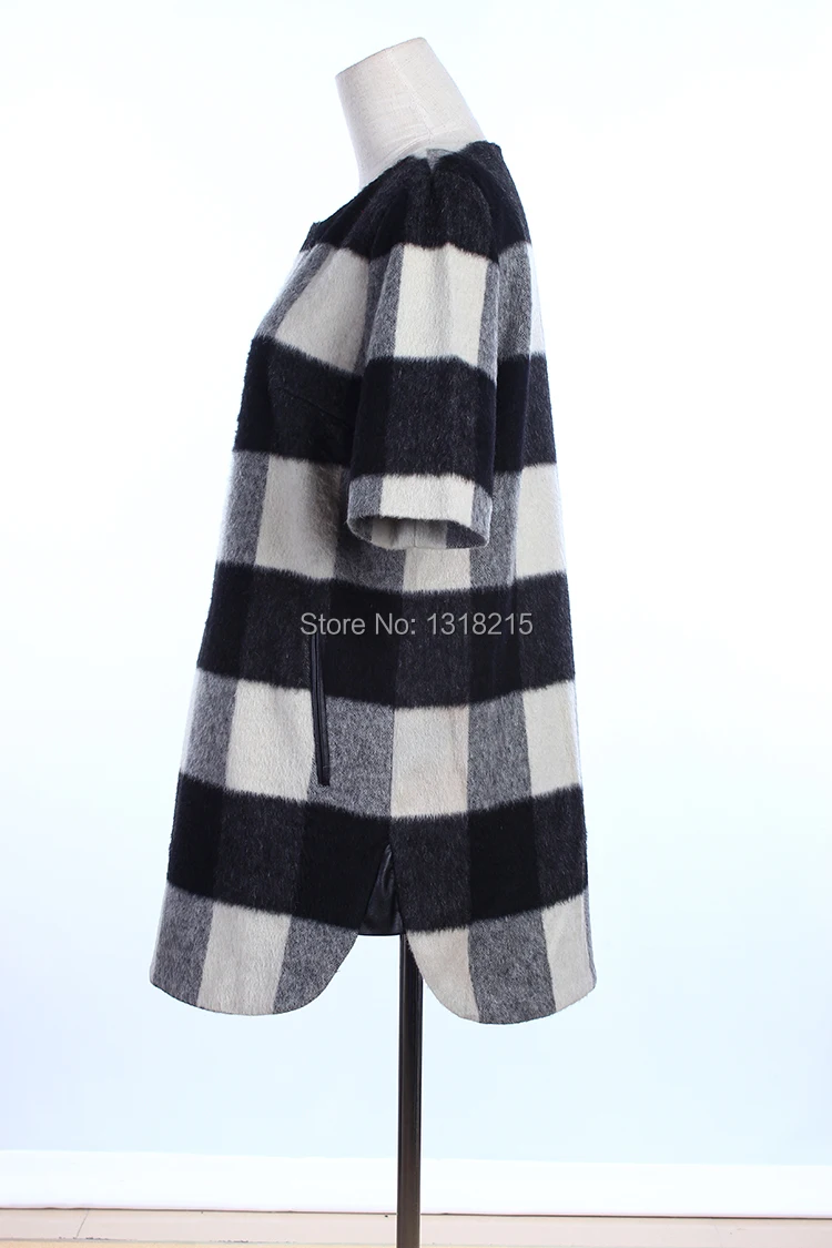 Europe station 2014 A/W fashion women's plaid print PU leather splicing short sleeve woolen dress ladies casual pencil | Женская