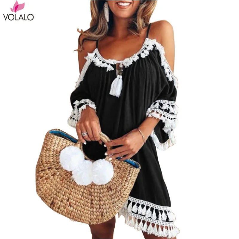 

New Women Off Shoulder Dress Tassel Short Party Beach Dresses Sundress Ladies Backless Loose Vestido 2019 Summer