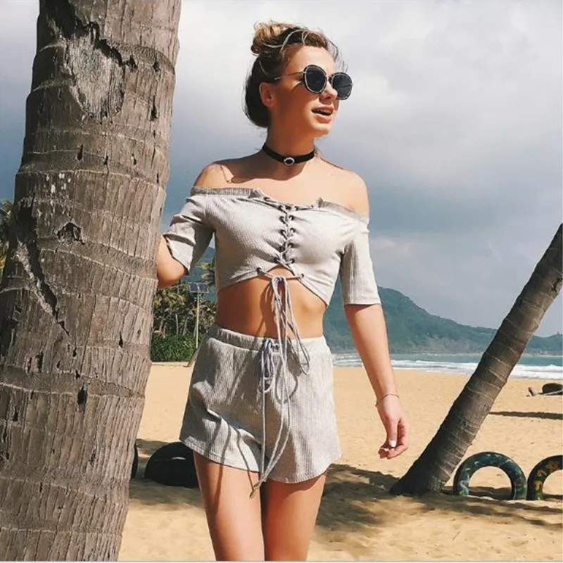 Комплект из двух предметов летняя одежда для женщин 2019 ребристая горловина топ и