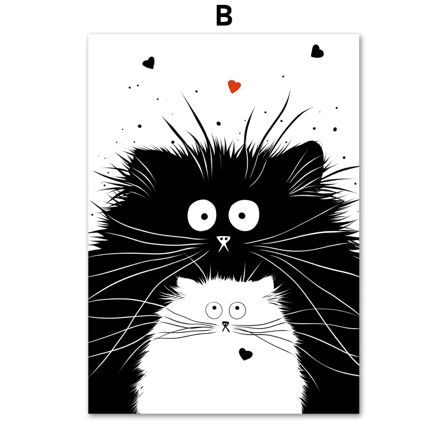 B Черно-белый Kawaii Cat настенная живопись на холсте животные скандинавские плакаты и принты настенные картины для детской комнаты декор для спальни - Цвет: B