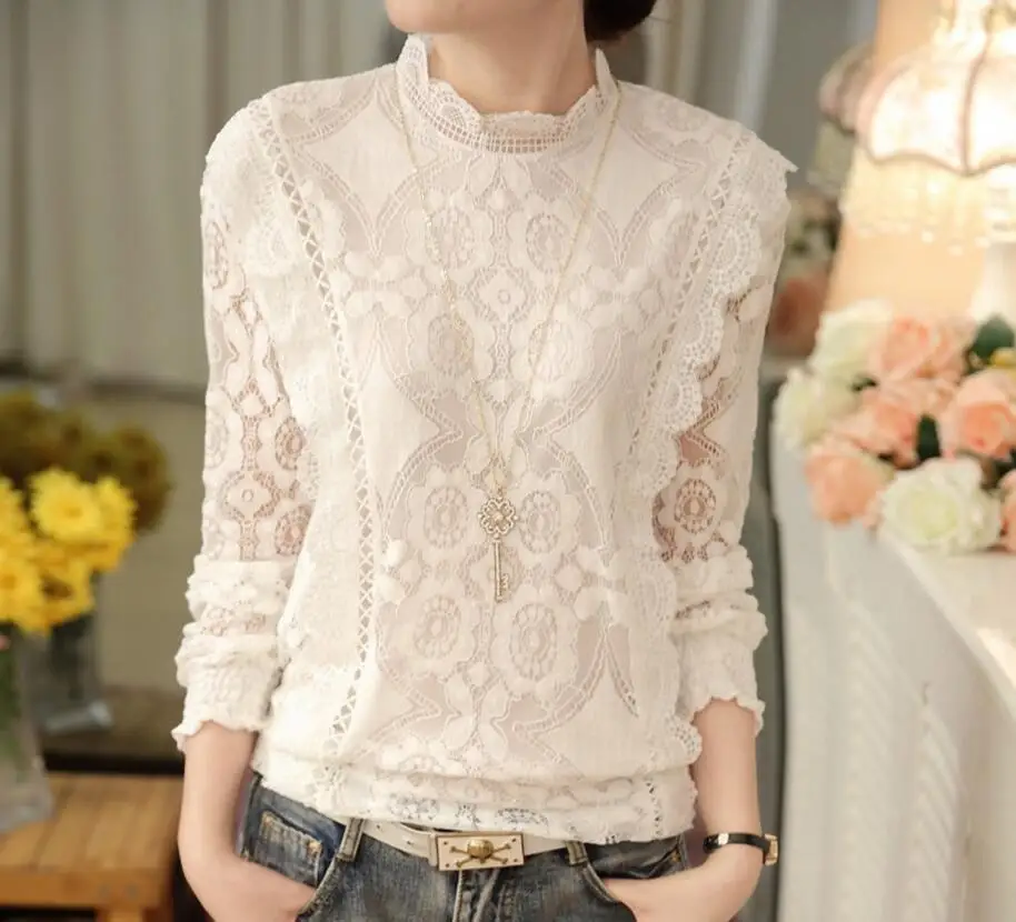Весенние Кружевные блузы Рубашки Топы новые Мода 2017 г. шифоновое кружевное