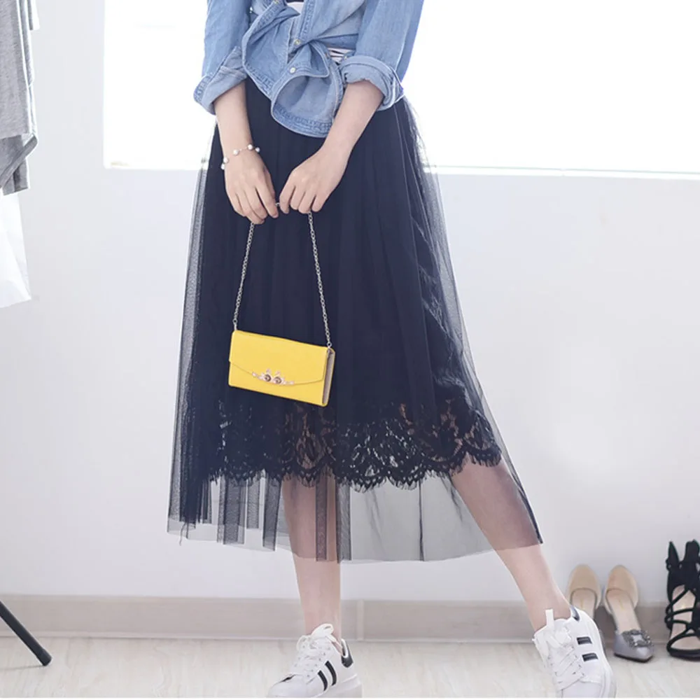 Женская плиссированная юбка средней длины белая черная кружевная сетчатая