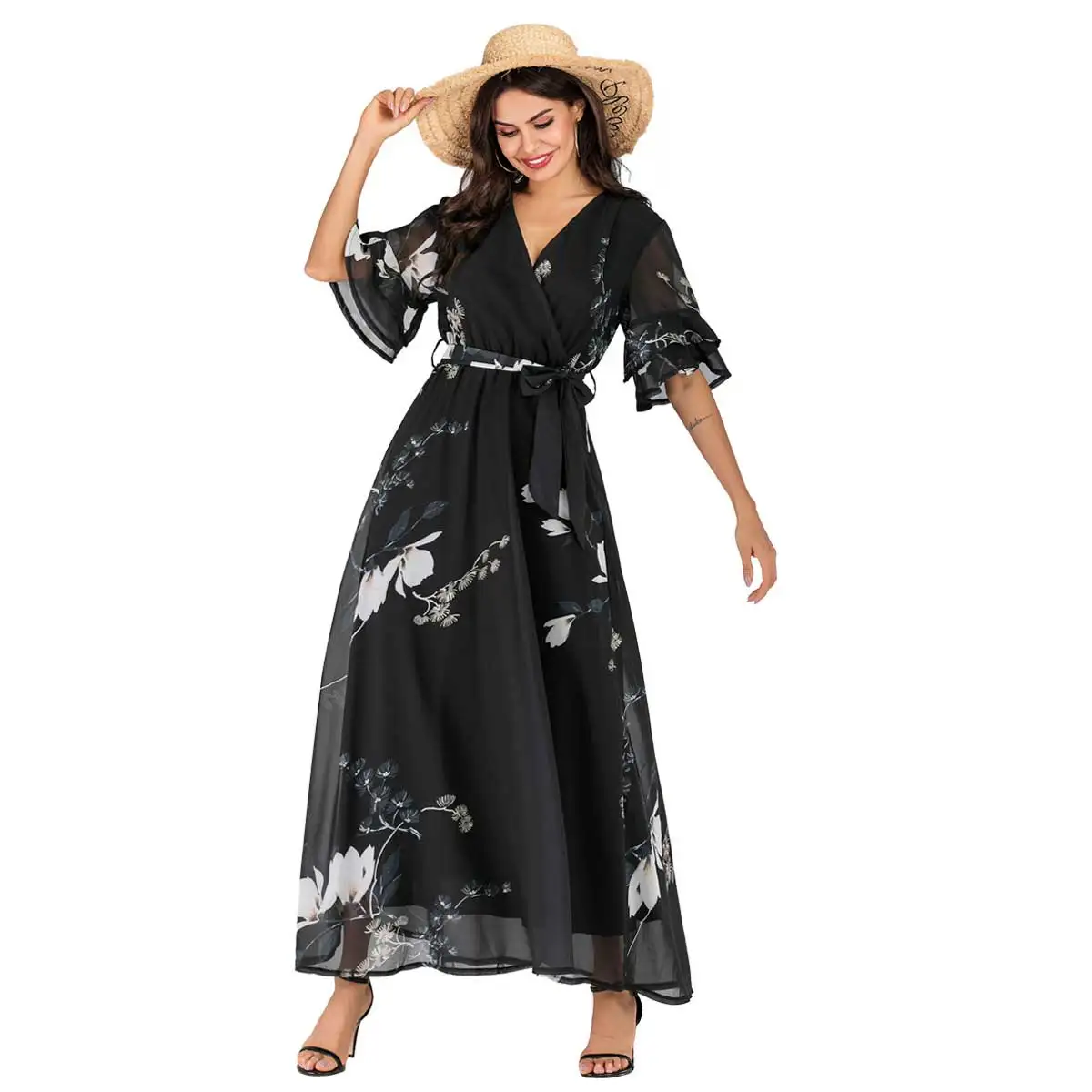 Женское шифоновое платье макси в богемном стиле праздничное на шнуровке с