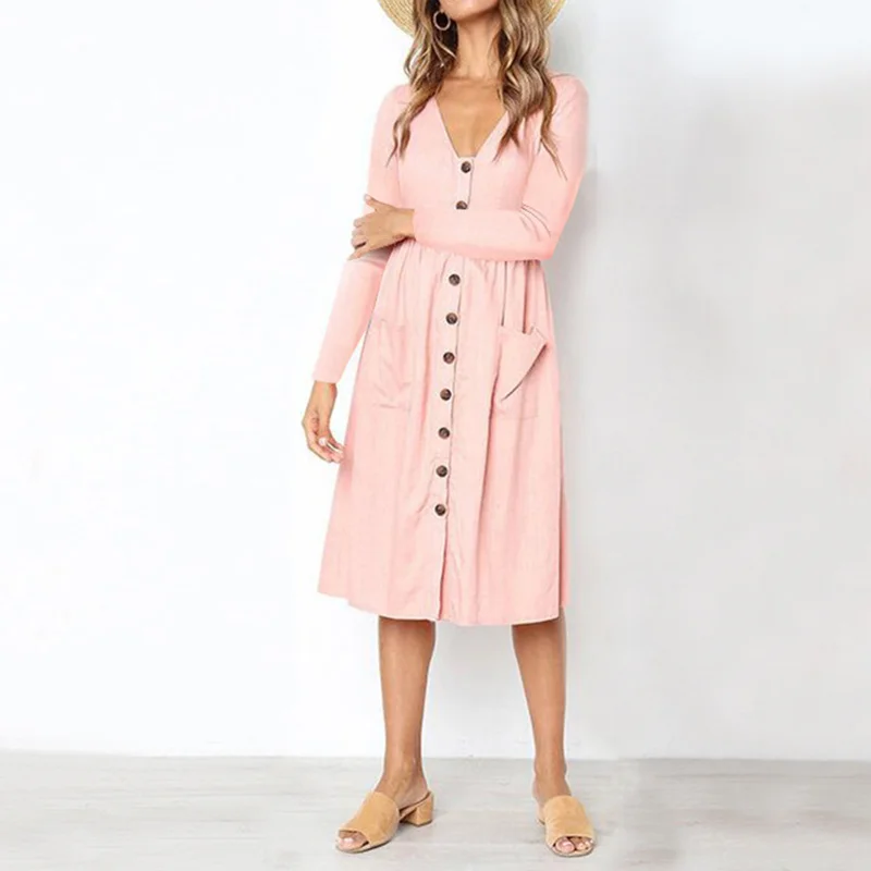 AF088 pink Однотонный свитер со свободным Повседневное мини платье с v-образным вырезом, короткий рукав с рюшами Новинки для женщин летние платья хлопковое платье Vestidos - Цвет: AF088 pink