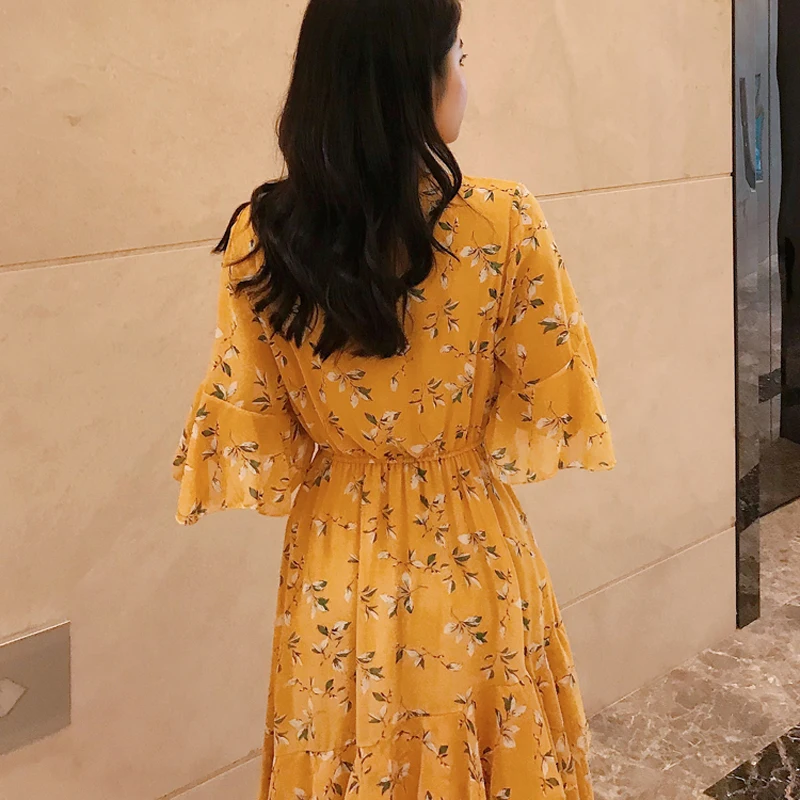 Женское шифоновое платье миди с бантом на воротнике коротким рукавом и цветочным