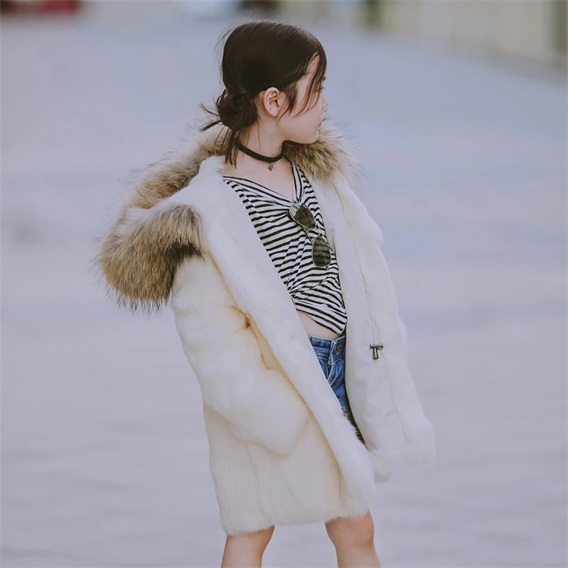 2017 Children Real Rabbit Fur Long Coat Outwear Kids Girls Winter Natural 100% Warm Jacket for | Детская одежда и обувь