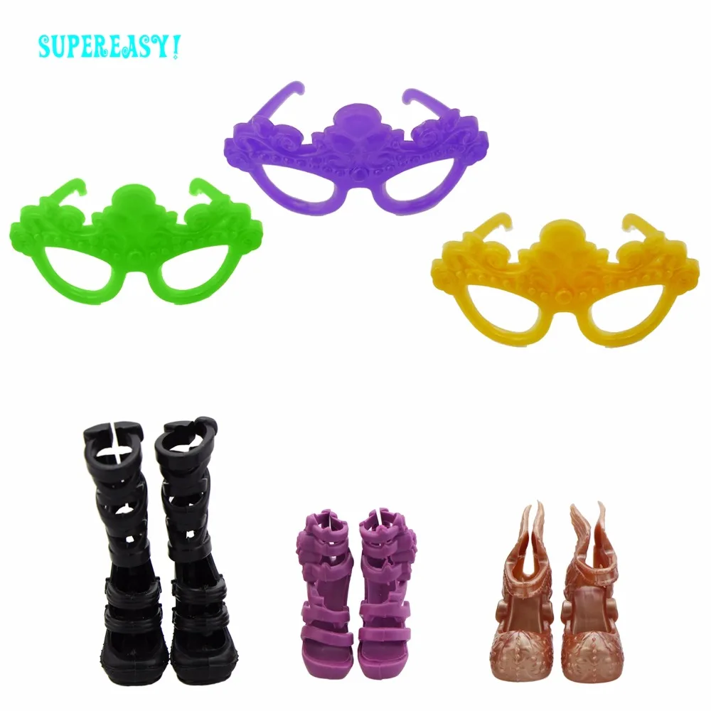 6 Items = 3x Fashion High Heels Platform Sandals Shoes + Multicolor Party Wear Glasses For Monster Doll Accessories Gift | Игрушки и