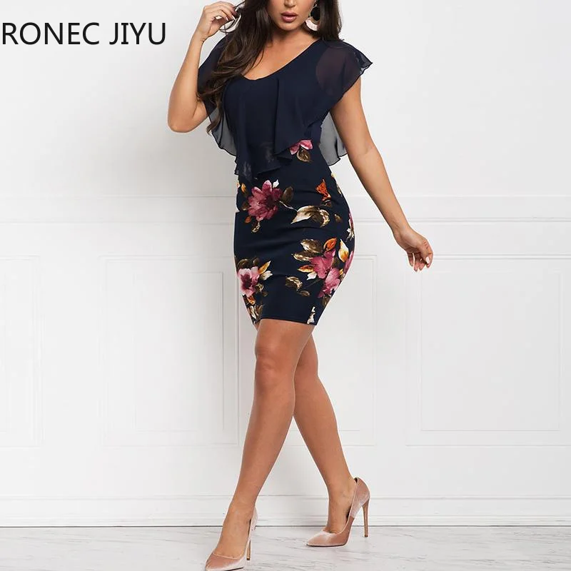 Women Floral Print Flounce Trim Bodycon Patchwork Dress | Женская одежда