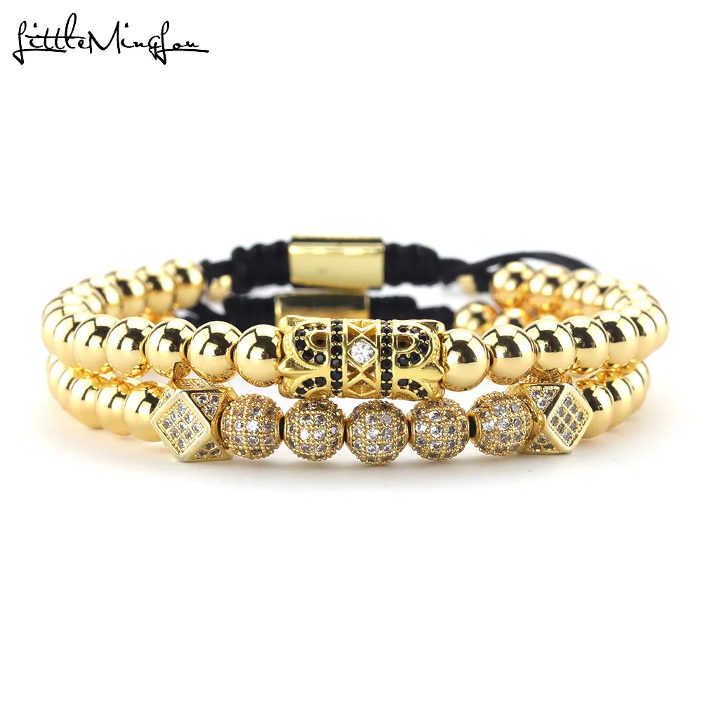 

Little Minglou Luxury men Bracelet Paved white CZ Tube polygon ball Charm copper bead Macrame Bracelets set for Men Jewelry
