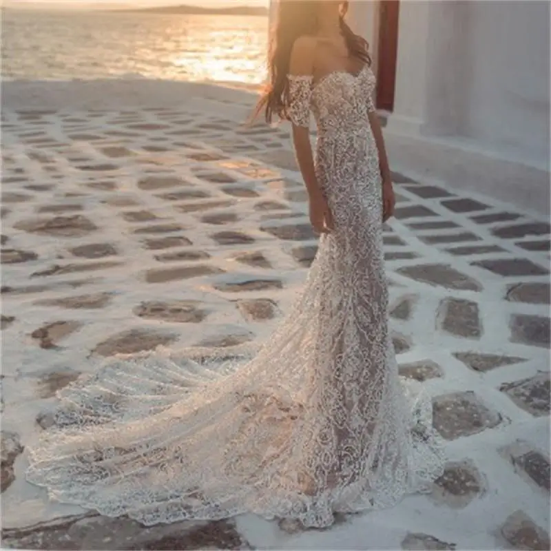 Свадебное платье Русалка Пляжное свадебное в богемном стиле с кружевным подолом