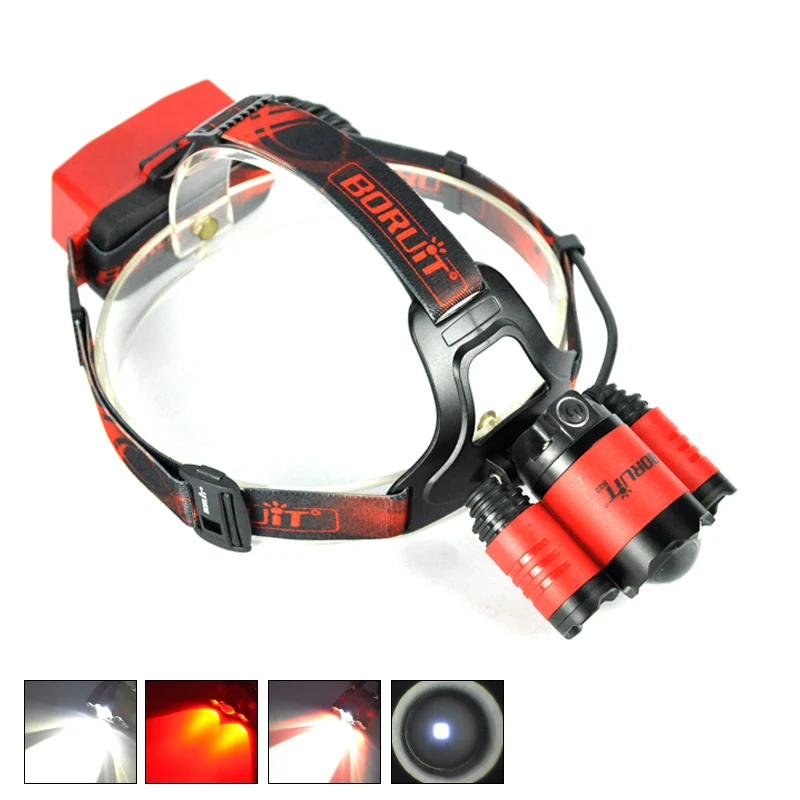 Red BORUIT налобный фонарь с зумом головной светильник XM-L2+ 2XPE светодиодный красного, синего и белого цвета, светильник вспышки светильник фонарь светодиодный светильник Отдых на природе головная лампа светильник Фонари - Испускаемый цвет: Red