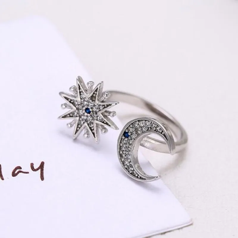 

Korean Fashion 925 Sterling Silver Jewelry Bright Stars And Moon Blue Crystal Opening Female Exquisite Rings SR253