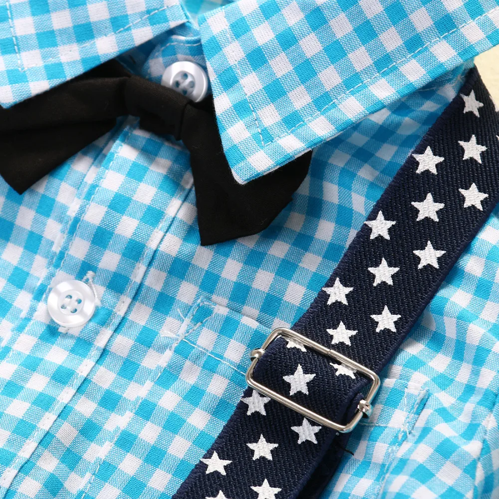 2016 наряды! Осенняя рубашка в клетку для маленьких мальчиков + штаны на подтяжках