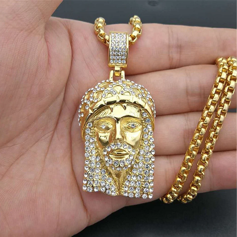 Ожерелье с подвеской в стиле хип хоп Iced Out Bling Jesus Christ Head для мужчин Золотистое из
