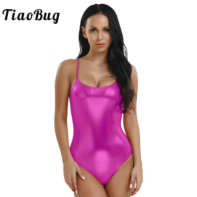 

TiaoBug Women Shiny Patent Leather Gymnastics Ballet Leotard Adult Spaghetti Straps One-piece Sports Bodysuit Stage Dance Wear