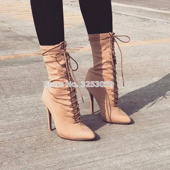 Beli Sepatu Bot Ujung Lancip Beige Wanita Muda Sepatu Bot Pertengahan Betis Ringkas Bertali Sepatu Gaun Wanita OL Merek Mewah Hak Stiletto