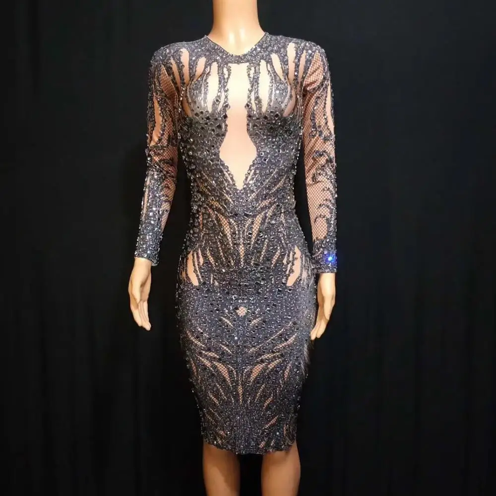 

Female Crystals Fringes Dress Evening Party Prom Birthday Celebrate Stones Dresses Nightclub Costume Clothing Stage Wear DJ514
