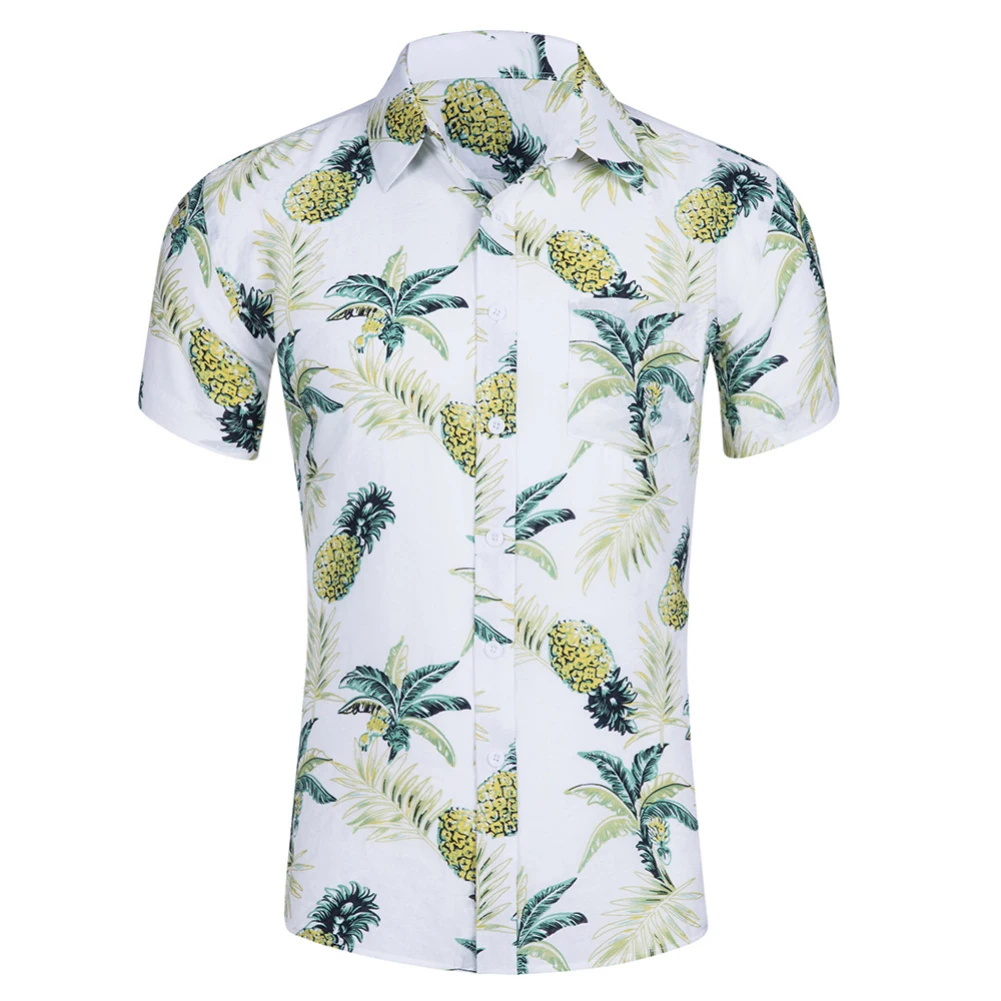 2019 New Fashion Hawaiian Pineapple Leaves Print Casual Shirts Clothing Men Turn Down Collar Short Sleeve Beach Party Shirt Tops | Мужская