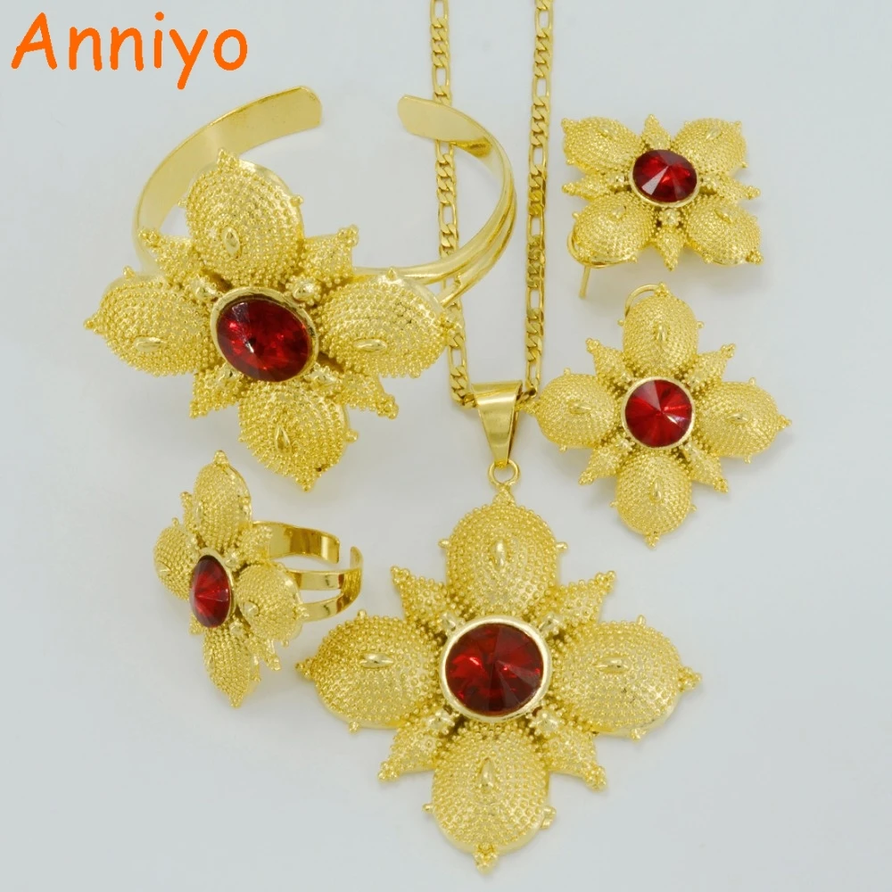 

Anniyo Party Wedding Ethiopian Cross Jewelry sets Gold Color Fashion Stone Cross sets for African Traditional Festival #046702