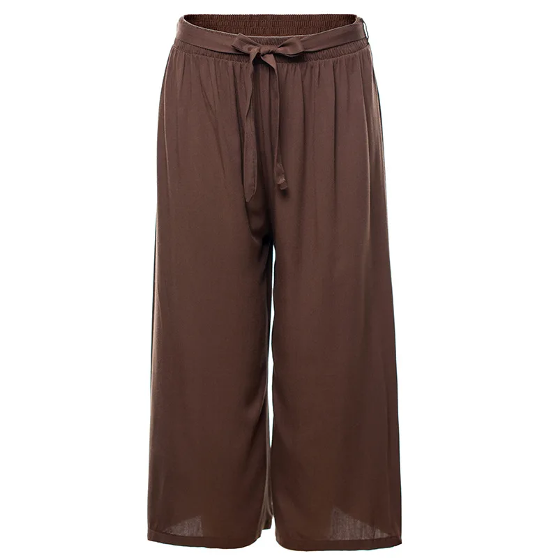 Suvacne Summer Office Lady 7 Solid Color High Waist Fashion Wide Leg Pants Thin Cotton Loose Calf-legth | Женская одежда