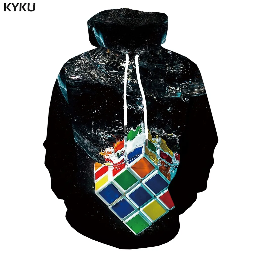 KYKU, 3d толстовки, кубические толстовки Rubiks, мужские толстовки в квадрате, 3d Геометрическая Толстовка с капюшоном, аниме, черная толстовка с принтом, Повседневная Толстовка с капюшоном