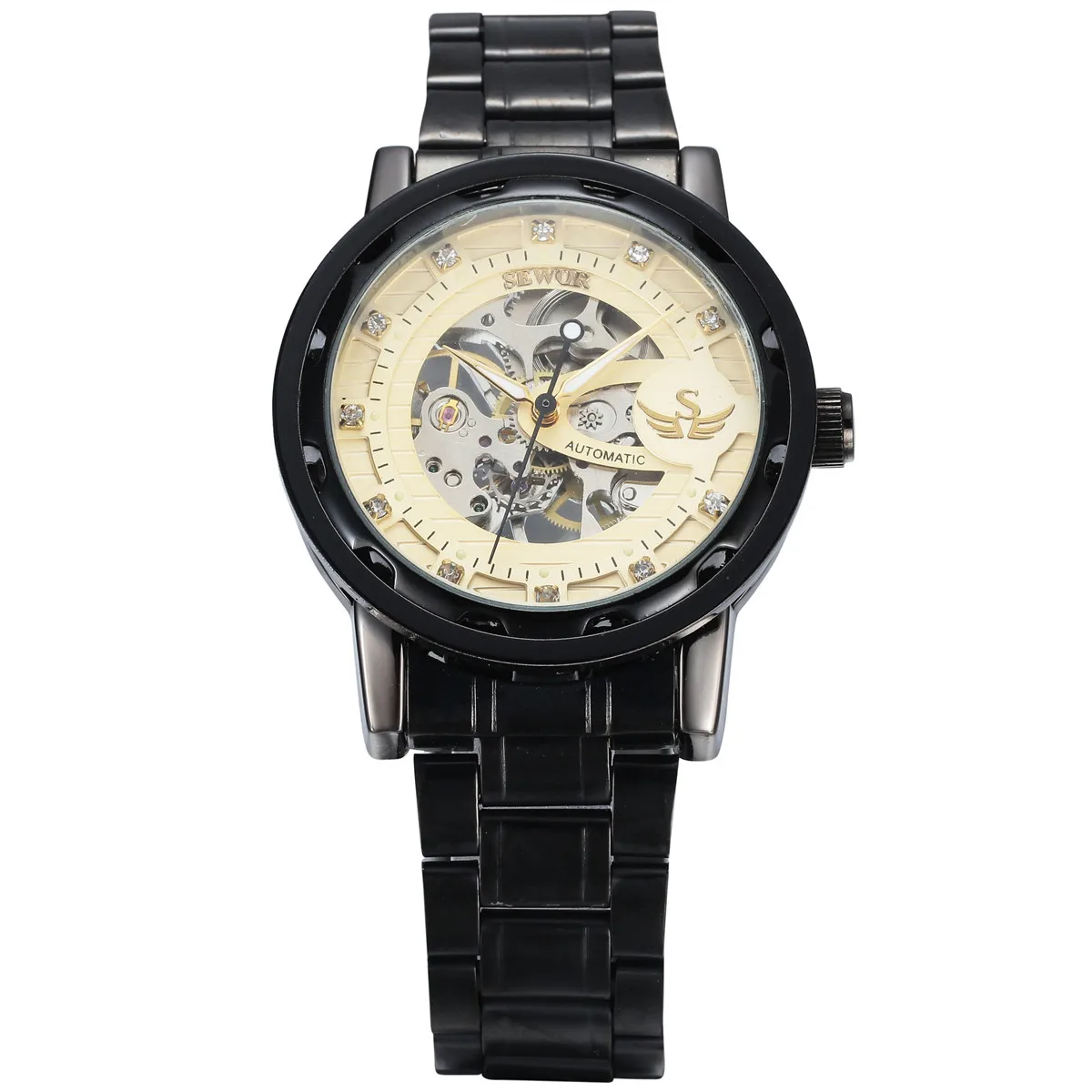 Новинка 2017 модные черные стальные Мужские часы скелетоны брендовые ажурные