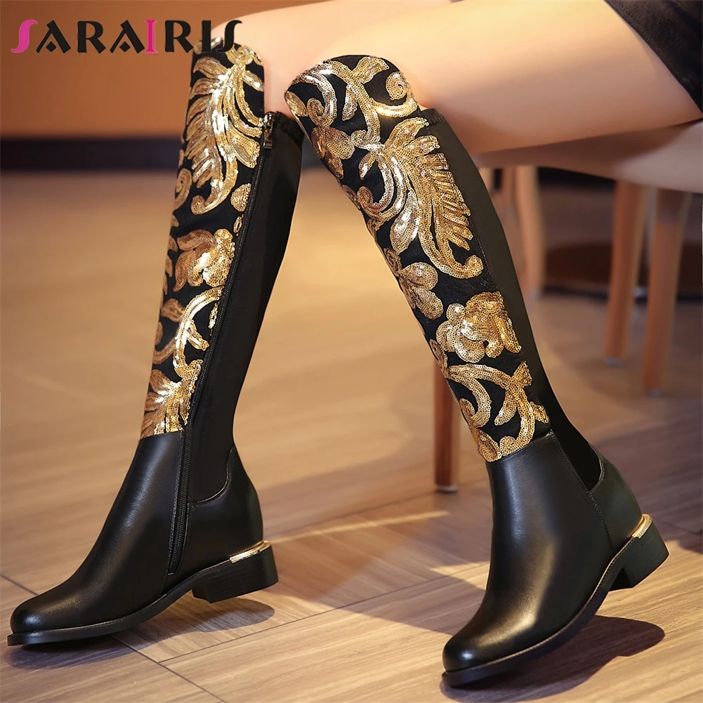 SARAIRIS New Fashion Genuine Leather Bling Zip Increasing Wide Low Heels Shoes Woman Casual Party Winter Spring Knee High Boots