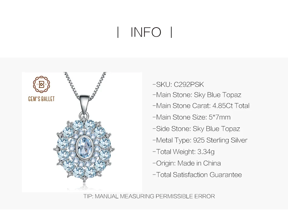 GEM'S BALLET 4.85Ct натуральный голубой топаз 925 пробы Серебряный Драгоценный Камень винтажное ожерелье с подвеской для женщин Свадебные ювелирные изделия