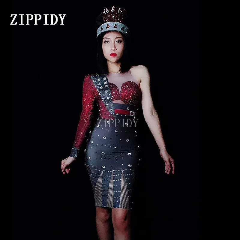 

Fashion Bright Red Rhinestones Unique One Sleeve Dress Women Celebrate Dress Nightclub Stage Women Singer Dancer Show Dress