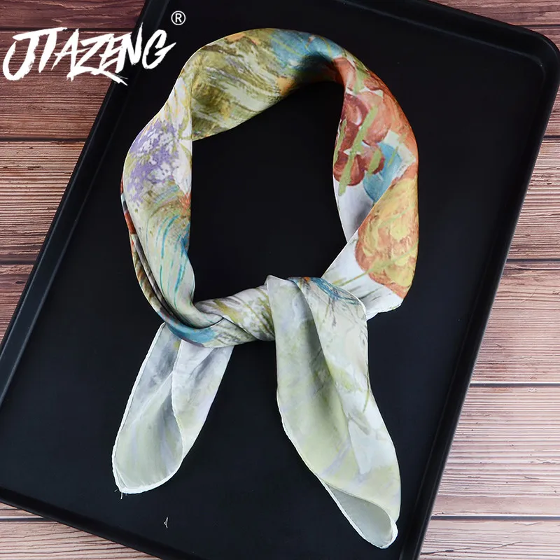 

Silk Scarf Women Fashion Flowers Oil Painting 70*70cm Square Lady Hair Band Foulard Hand Kerchief Female Bandana Shawl 2020