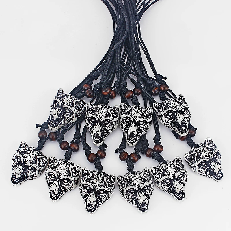 

Wholesale Lot 12 Pcs Fashion Faux Yak Bone Resin Carving Wolf Head Pendant Necklace Wood Beads Accessories Jewelry Gifts