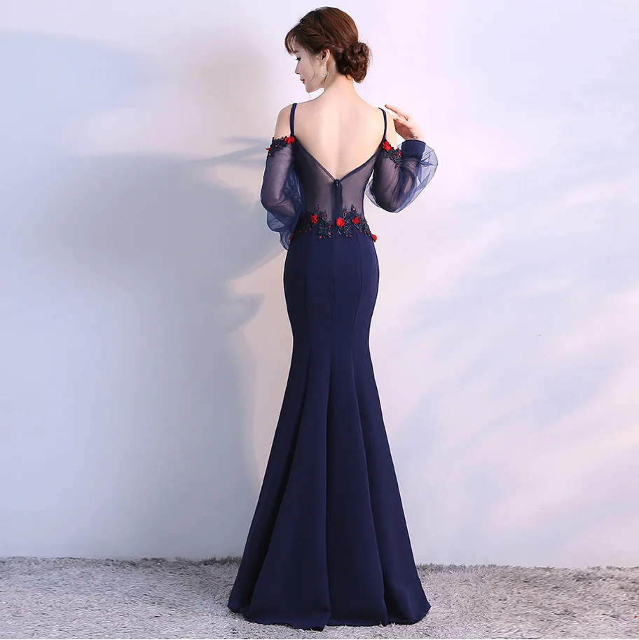 Sexy Long Elegant Mermaid Sleeve Evening Dresses 2019 Tulle Backless Dress Royal Blue Vestido De Festa Longo | Свадьбы и торжества