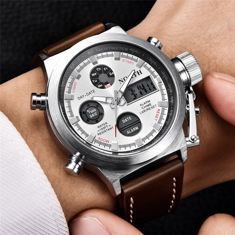 NORTH Top Luxury Brand Digital Watch Men Fashion Casual Sport Military Watches Men's Waterproof Leather Quartz Relogio | Наручные