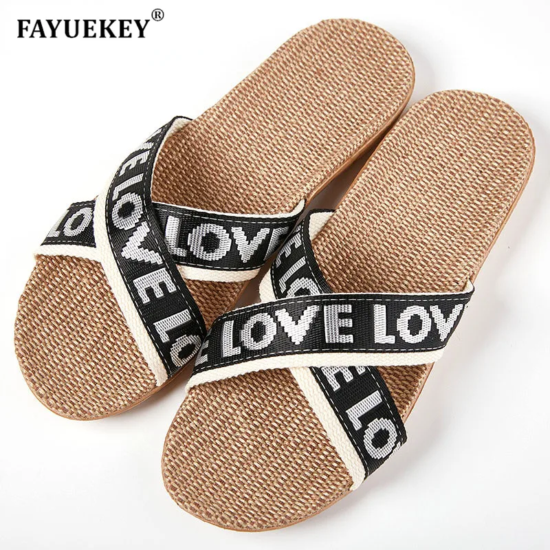FAYUEKEY/летние мужские льняные домашние тапочки с надписью Love Пляжные Нескользящие