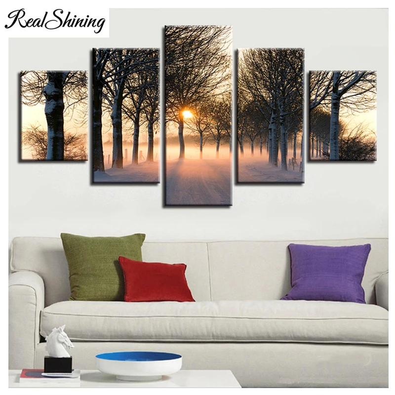 5pcs/set Needlework 5D DIY Diamond Painting Sunrise Trees Landscape Full Square Round 3d Embroidery Mosaic FS4550 | Дом и сад - Фото №1