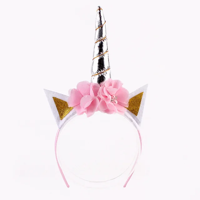 10 шт./лот Единорог повязка на голову с шифоновым цветком Блеск Дети Hairband Пасха